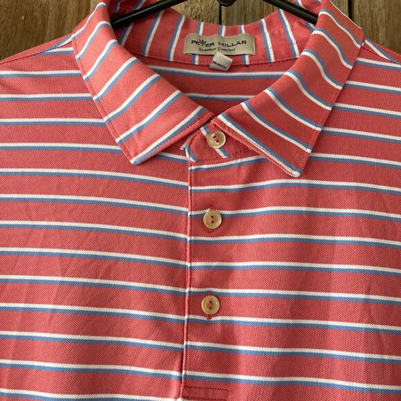 Peter Millar Men's XL Striped Shirt Blue White and Peach Embroidered Golf Logo - Picture 2 of 10